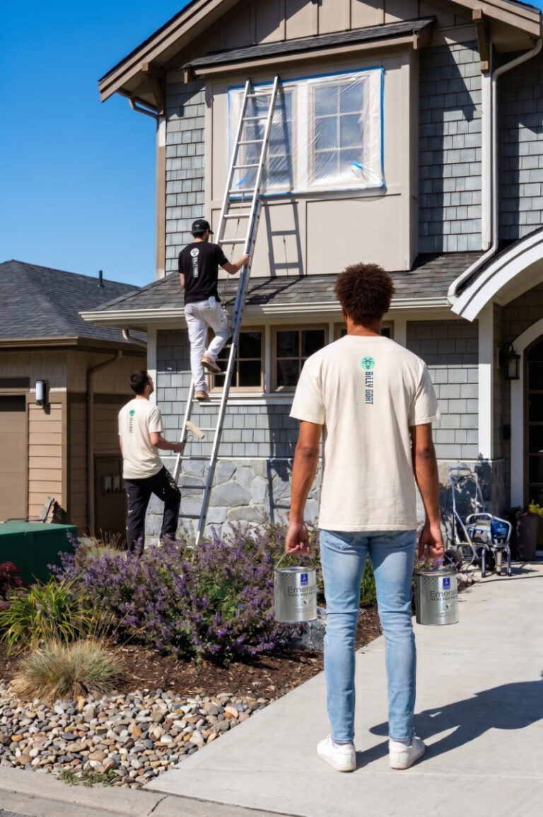 A crew of painters paining the exterior of a house in Kelowna